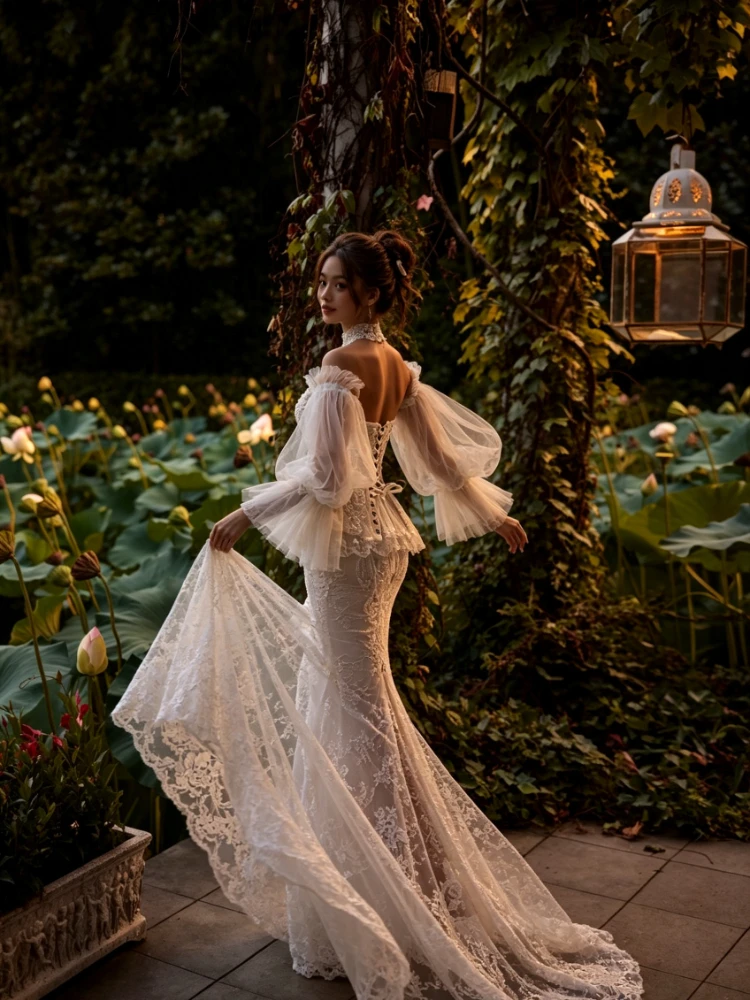 Customized Off‑The‑Shoulder Mermaid Wedding Dresses 2026 Detachable Puffy Tulle Sleeves Lace‑Up Beaded Chapel Train Bridal Gowns
