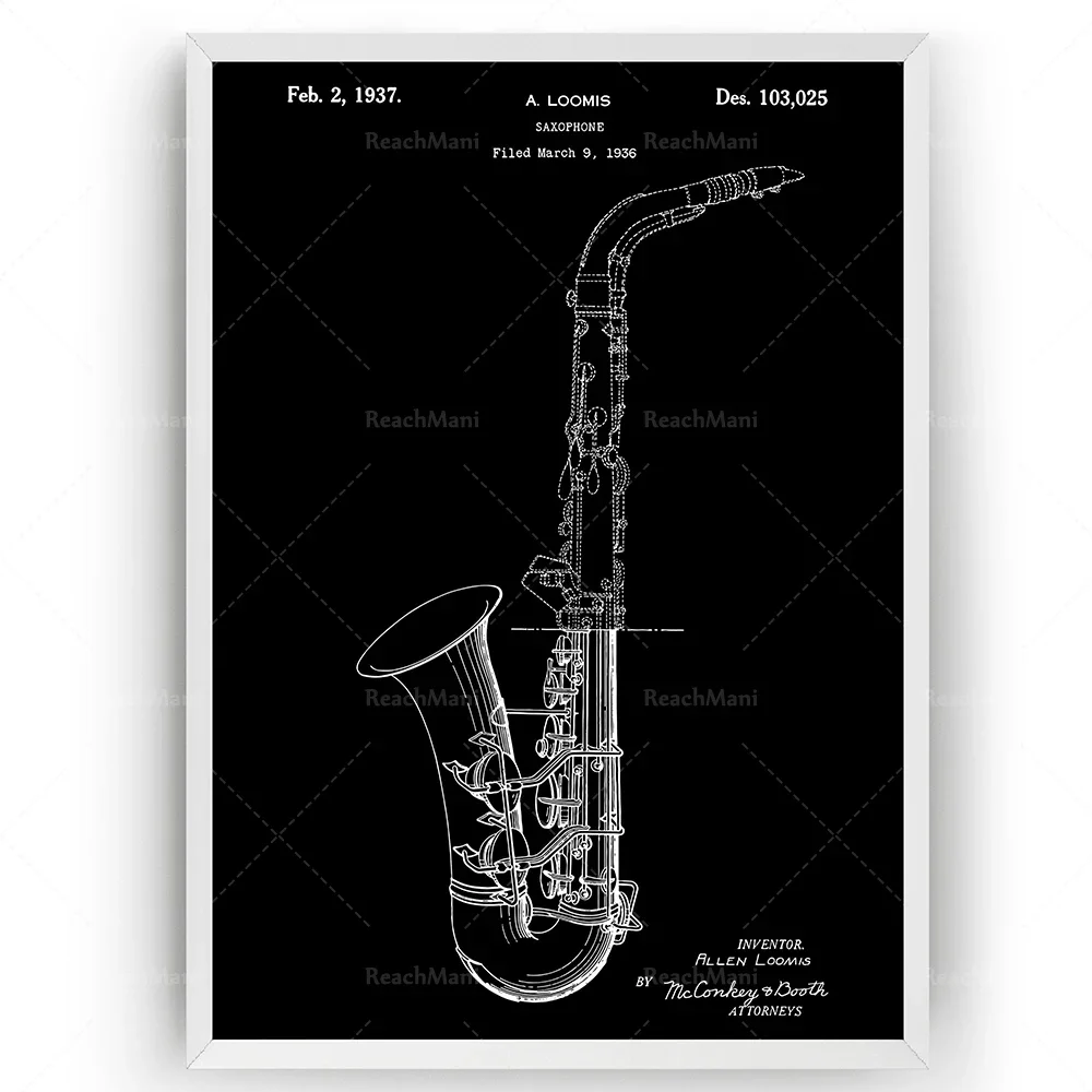 Saxophone 1936 Patent Printed Wall Art Poster Brass Musician Blueprint Gift