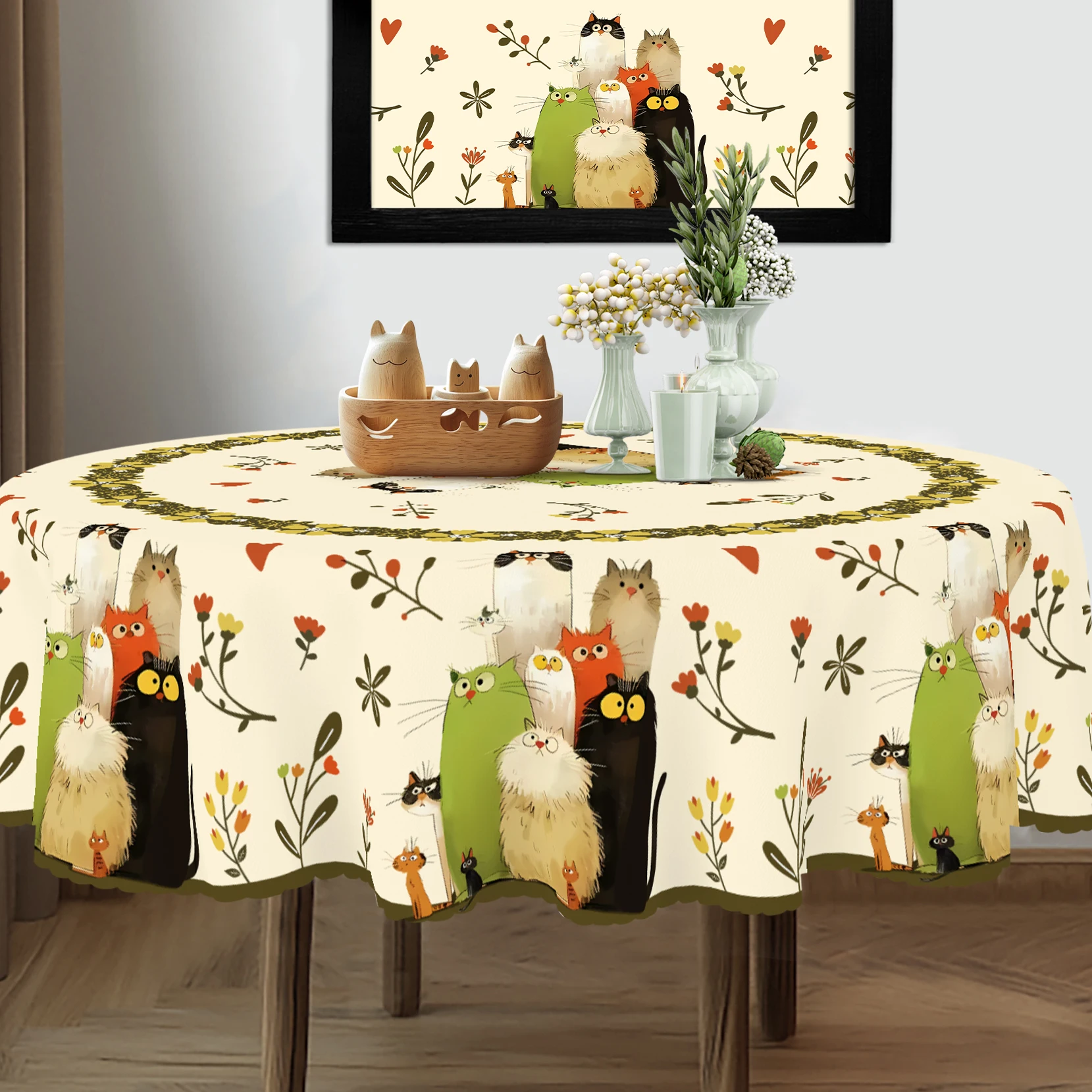 1 Piece, Round/Visect Polyester Tablecloth, Colorfulful Cute Cartoon Cat, Retro Flower Garland Heart Pattern, for Home Kitchen, Living Room Dining Table Balcony Coffee Table, Holiday Party Holiday Table Decoration Tablecloth, Outdoor Picnic Decoration, Coffee Table Desktop Decoration Tablecloth Table Cover, Perfect Holiday Gift, Spring, Summer and Autumn and Winter Decorative Tablecloth - Printing-018