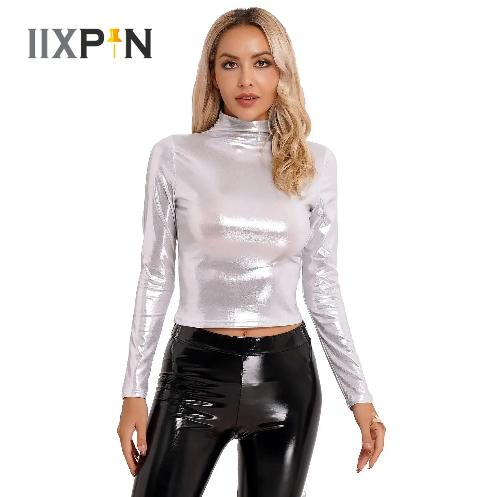 Womens Metallic Liquid Long Sleeve Crop Top T-Shirt Fashion Wet Look Slim Fit Holographic T-shirt Tops Rave Party Club Dancewear