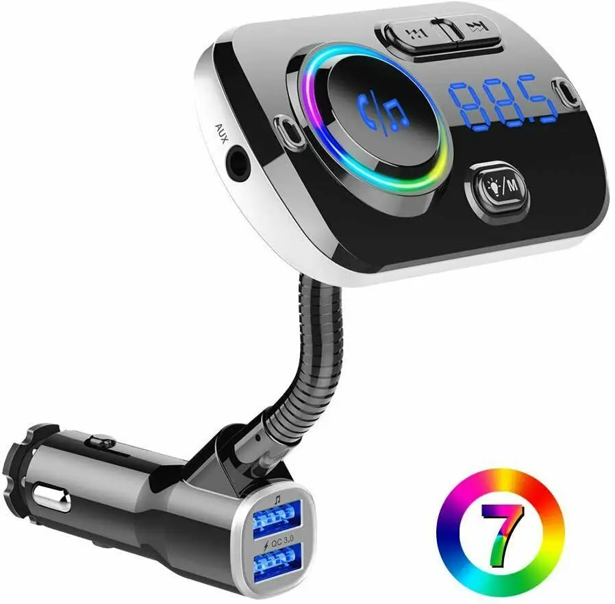 2026 New Car MP3 Player Bluetooth Handsfree Call 7 Color Atmosphere Light QC3.0 Fast Charging FM Transmitter USB Car Music Playe