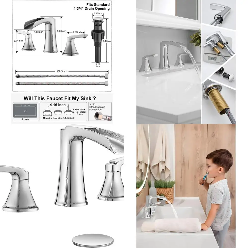 

8 Inch Widespread Waterfall Style 3-Hole Bathroom Sink Faucet with Pop-up Drain and Two Handles
