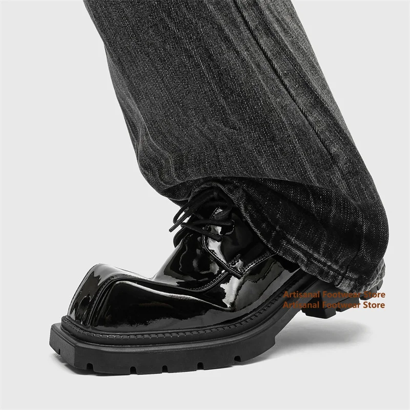 

Square-Toe Shiny Patent Leather Derby Shoes for Men Thick-Soled Height Increasing Big Square Toe Derby Shoes Trendy Men's Shoes