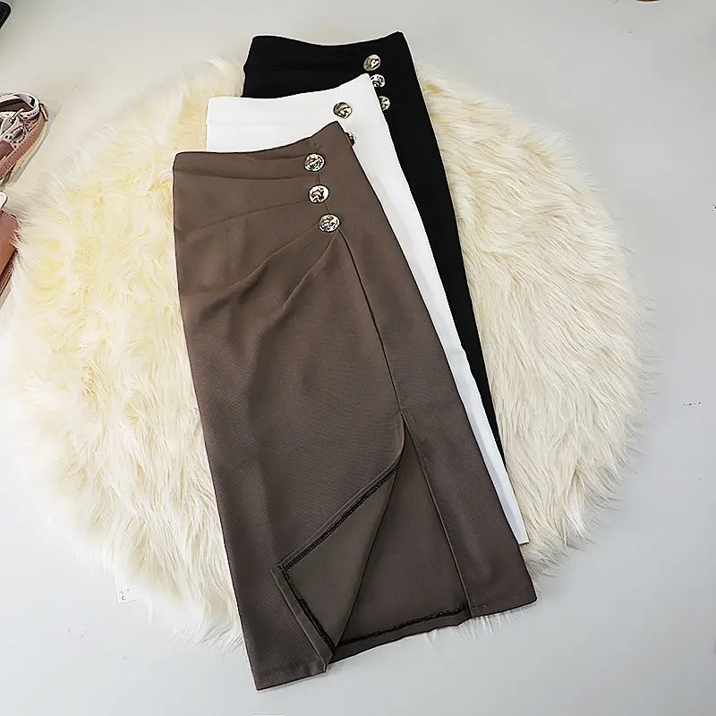 New Fashion Split Skirt Women Summer High Waist Slim Buttons Office Lady Elegant Skirts Solid Color Midi Jupe