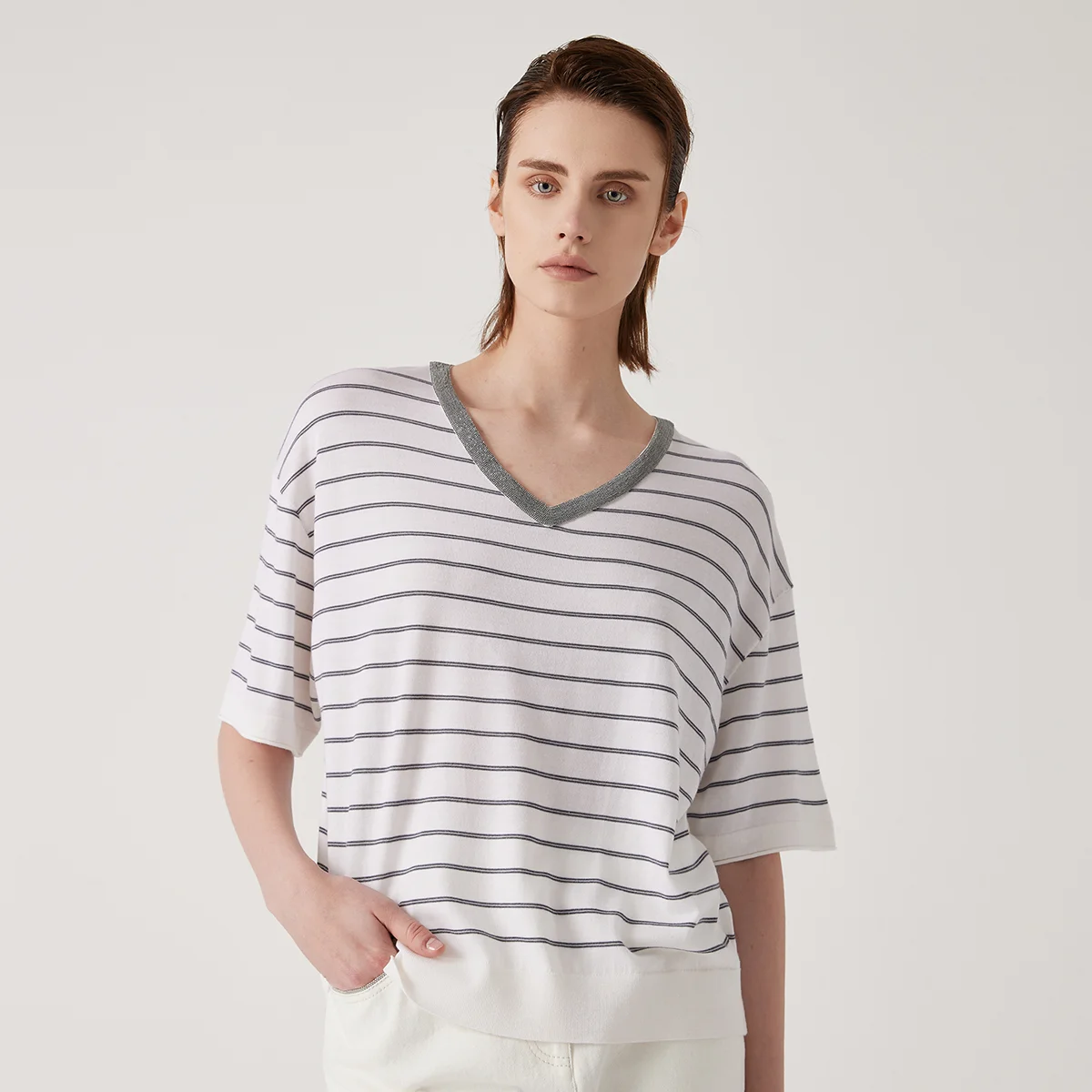 BD3511191 femmes été laine soie hauts à rayures vêtements de luxe confortable respirant chandails t-shirts tricotés