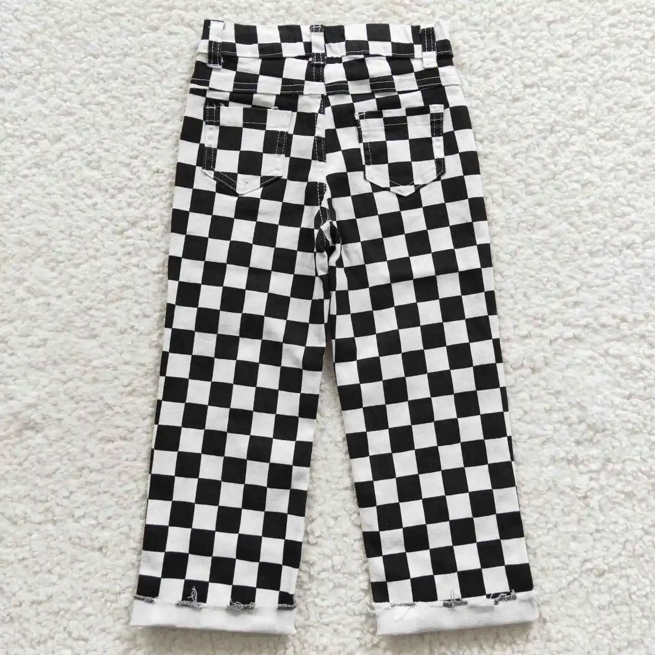 Wholesale Kid Infant Pocket Checkered Denim Children broken-hole Black Jeans Toddler Zipper Pants Matching Boy Girl Trousers