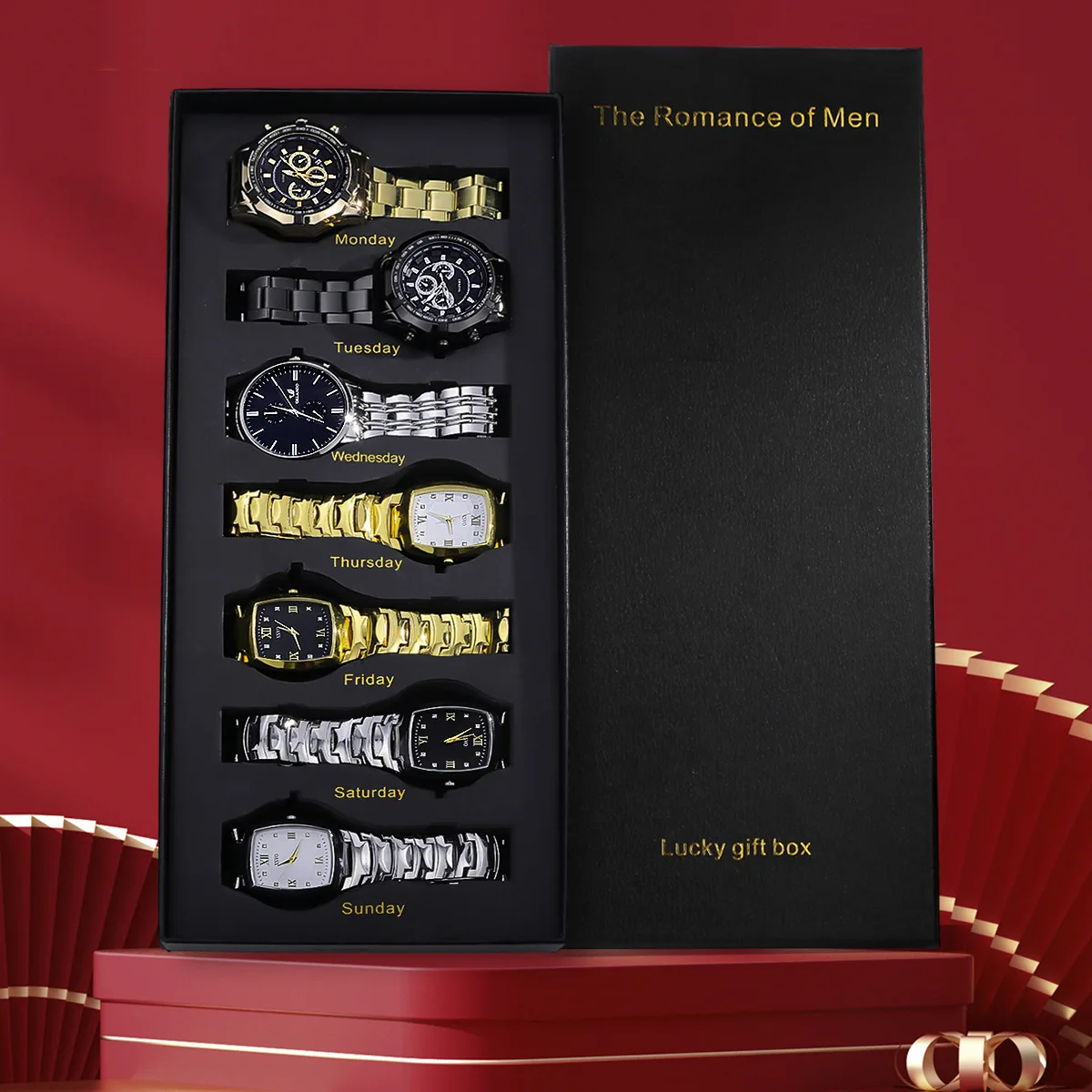 Male 7‑Pcs Glitzy Wristwatch Collection Contrast‑Tone Dials Spark Rhinestone Inlay Mirror‑Finished Metal Bracelet Premium Gift