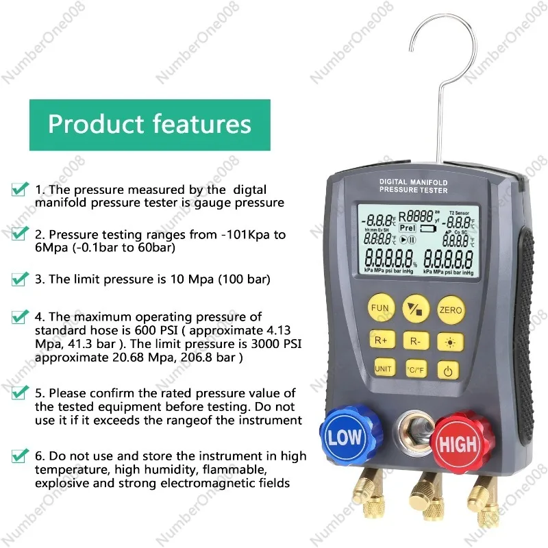 Imagem -05 - Digital Pressure Gauge Válvula Kit de Ferramentas Refrigeração Vácuo Manifold Tester Hvac Temperatura Tester 06000kpa Wz0031