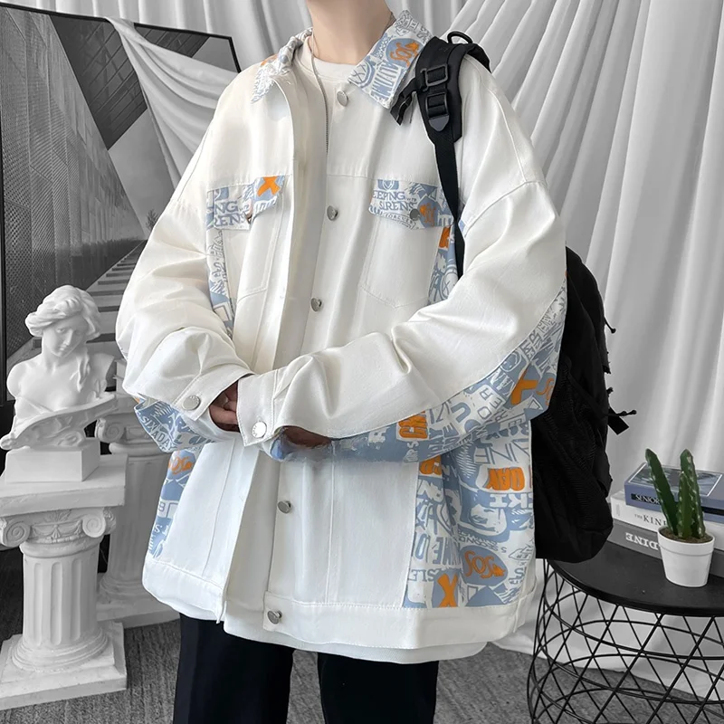 

Trendy Patchwork Jaet for Men Loose Fit Autumn Spring Korean Sle Student Couple Clothes Warmth Conservation Long Sve