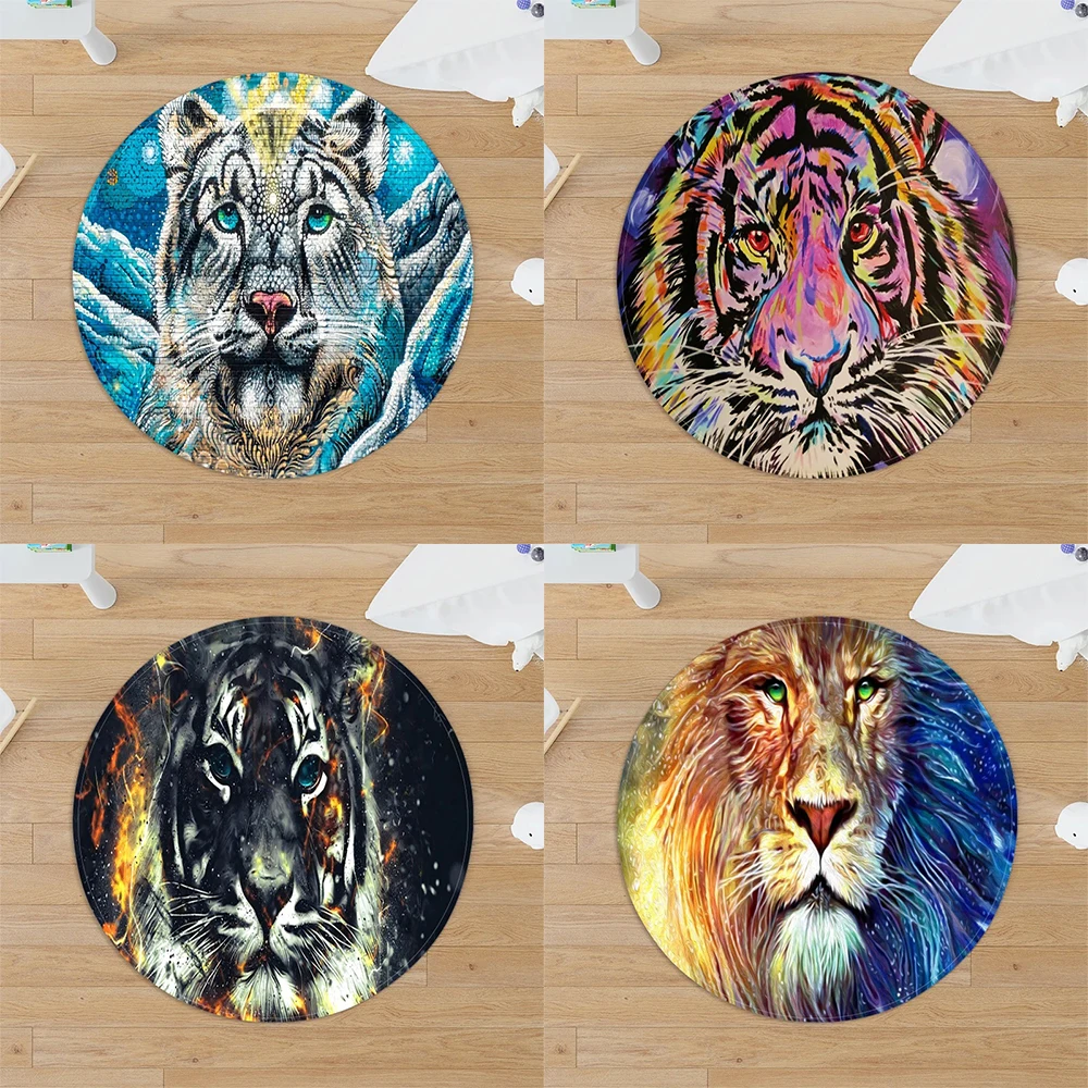 Lion Crown Round Carpet Bedroom Chair Mat Ferocious Animal Pattern Home Decor Bathroom Absorbent Floor Mat