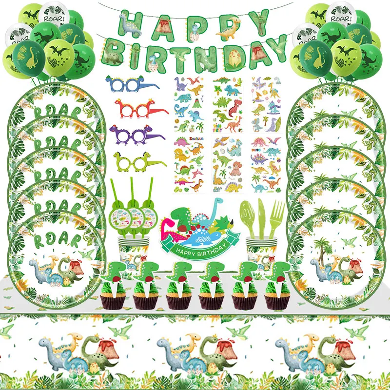 Dinosaurs Birthday Party Decoration Paper Cups Plates Tablecloth Straw Backdrop Tableware Balloons Baby Kids Party Supplies