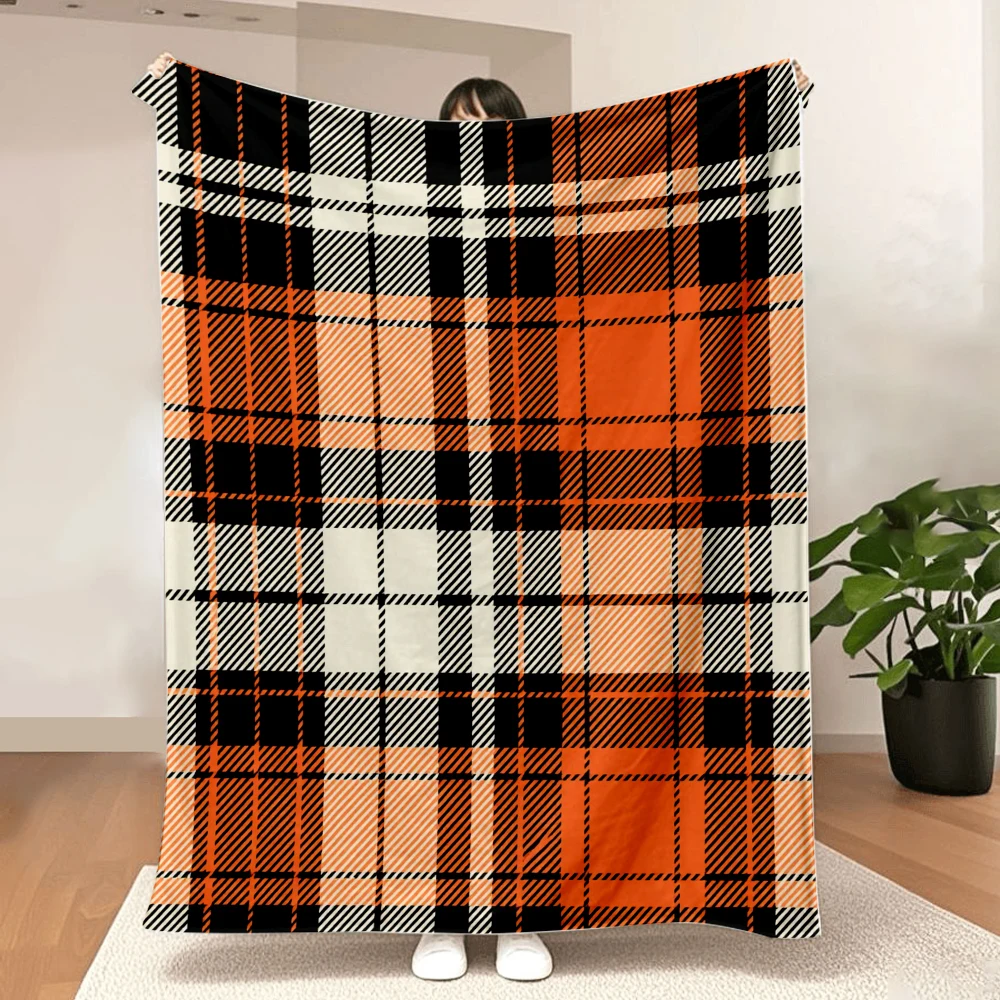 1PC Orange and Black Checkered Print Blanket—Made from soft, comfortable fabric, it’s perfect for sofas, beds, or armchairs. A s