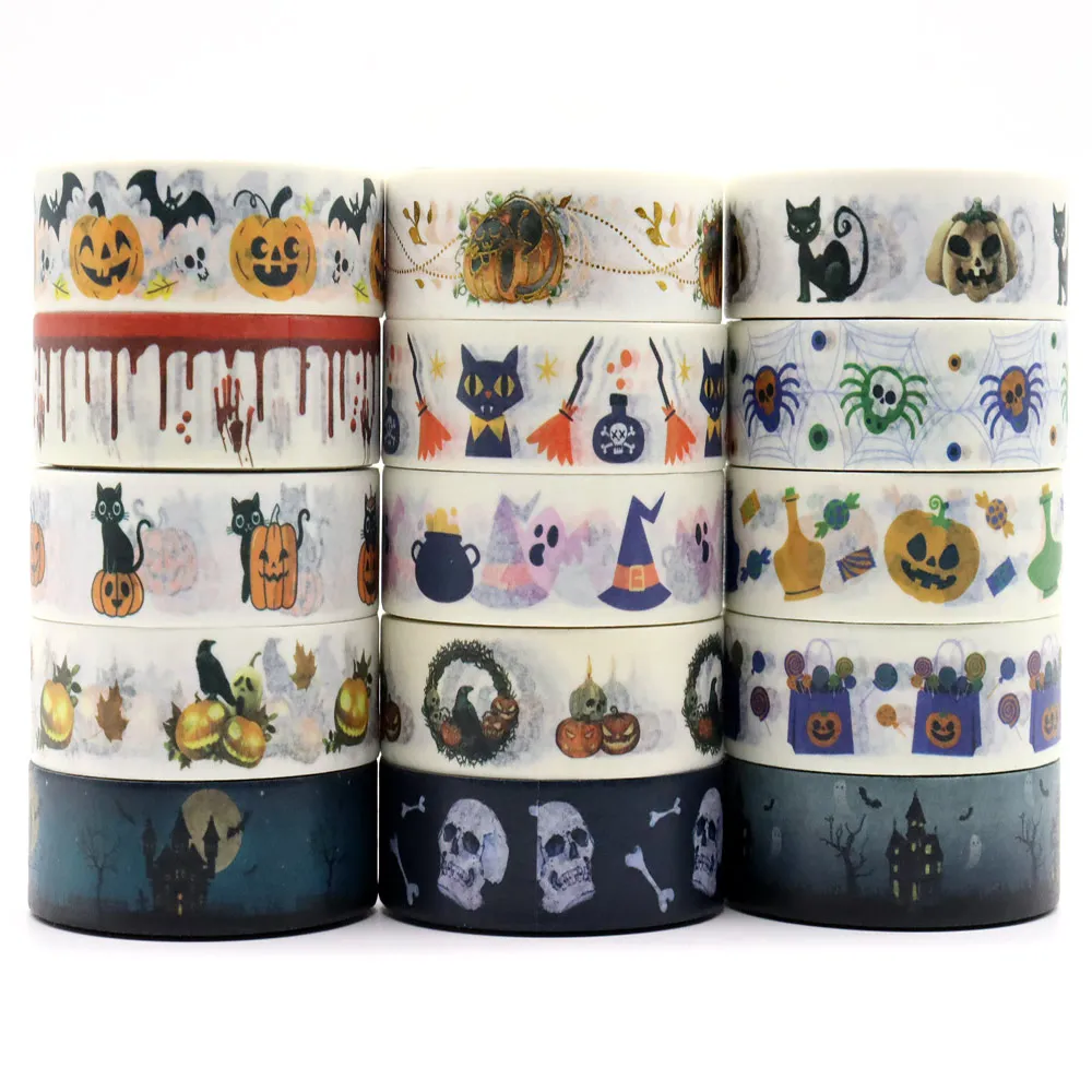 

2022 NEW 1PC 15mm*10m Halloween Pumpkin Birds Cats Spider Hats Decorative Washi Tape Scrapbooking Masking Tape Office Supply