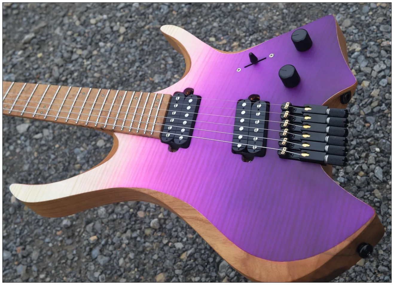 2024 Fanned frets 6 Strings Headless Electric Guitar purple color maple fretboard HH pickups maple neck ASH wood body