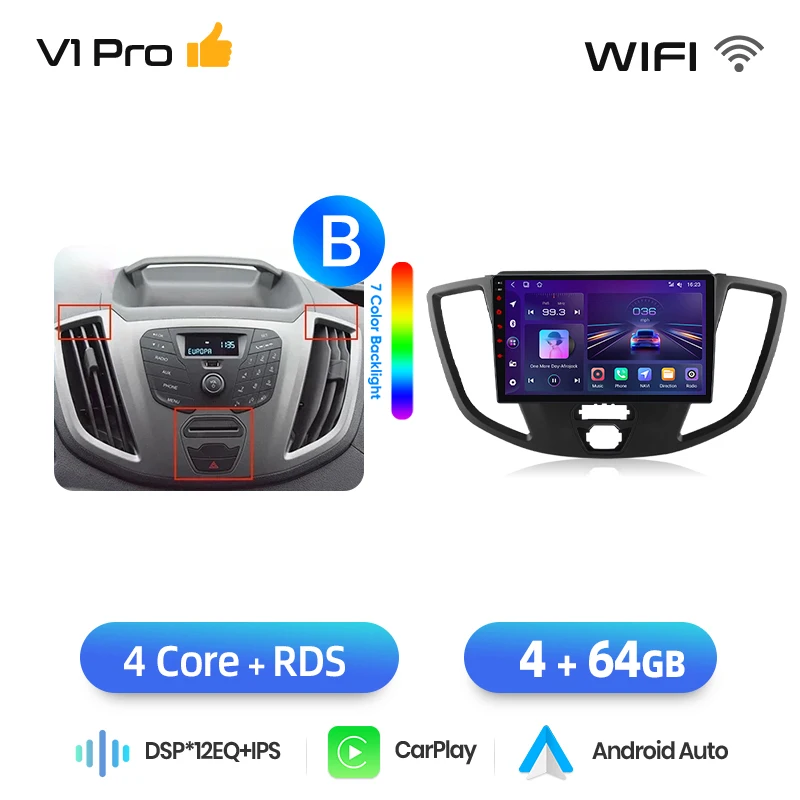 Junsun draadloze CarPlay Android Auto autoradio voor Ford Transit Custom / Tourneo Custom 2012-2023 met ingebouwde koelventilator, Android GPS navigatie, multimediaspeler, WiFi, DSP, RDS, BT, SWC, IPS