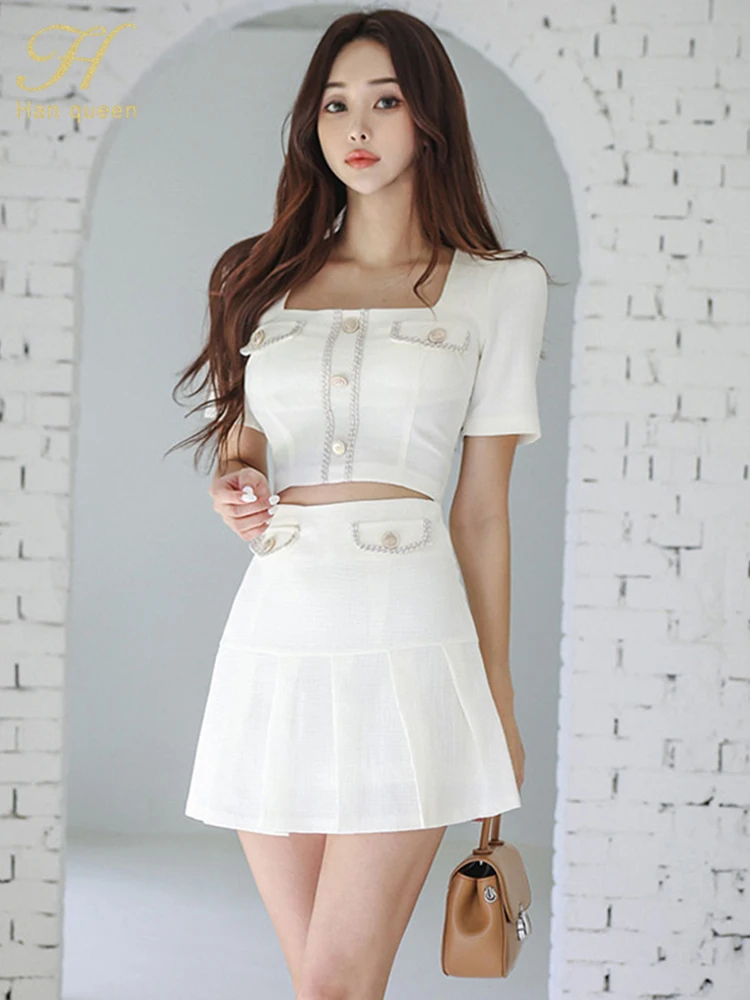 H Han Queen Summer New 2-Piece Sets Fashion Button Short Top +Elegant A-Line Pleated Skirt Casual Office Women Suit Skirt