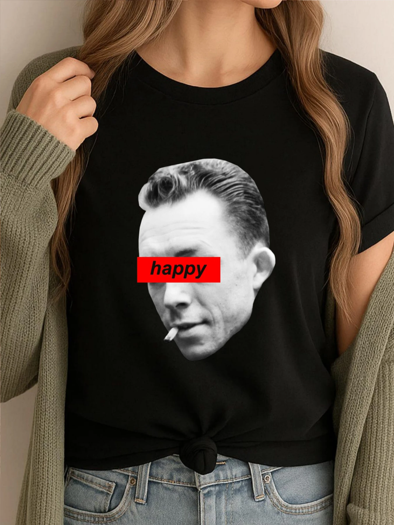

Черная футболка Happy Albert Camus, футболки с графическим рисунком большого размера, мужская модная уличная одежда большого размера, одежда с принтом