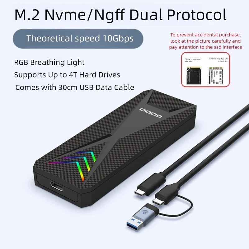 GODO RGB M.2 SATA NGFF NVMe SSD Dual Protocol SSD Case Clear USB 5/10Gbps M2 SSD Transparent External Enclosure Hard Disk Box