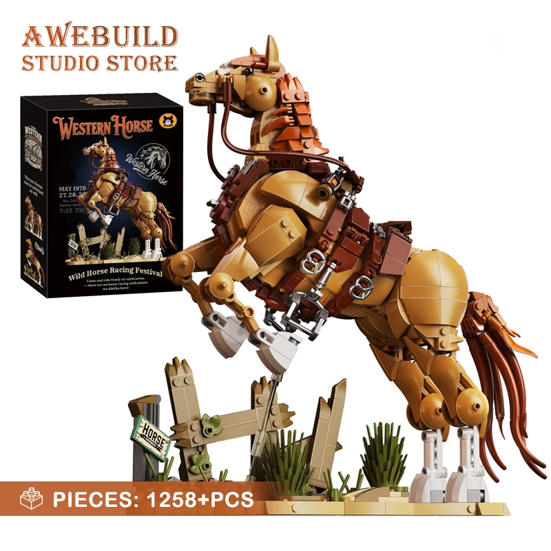 1258Pcs West Cowboy Horse Building Bricks Toys Creative Mustang DIY Model  Animal Figure MOC Blocks Kits Home Decor Adults Gifts