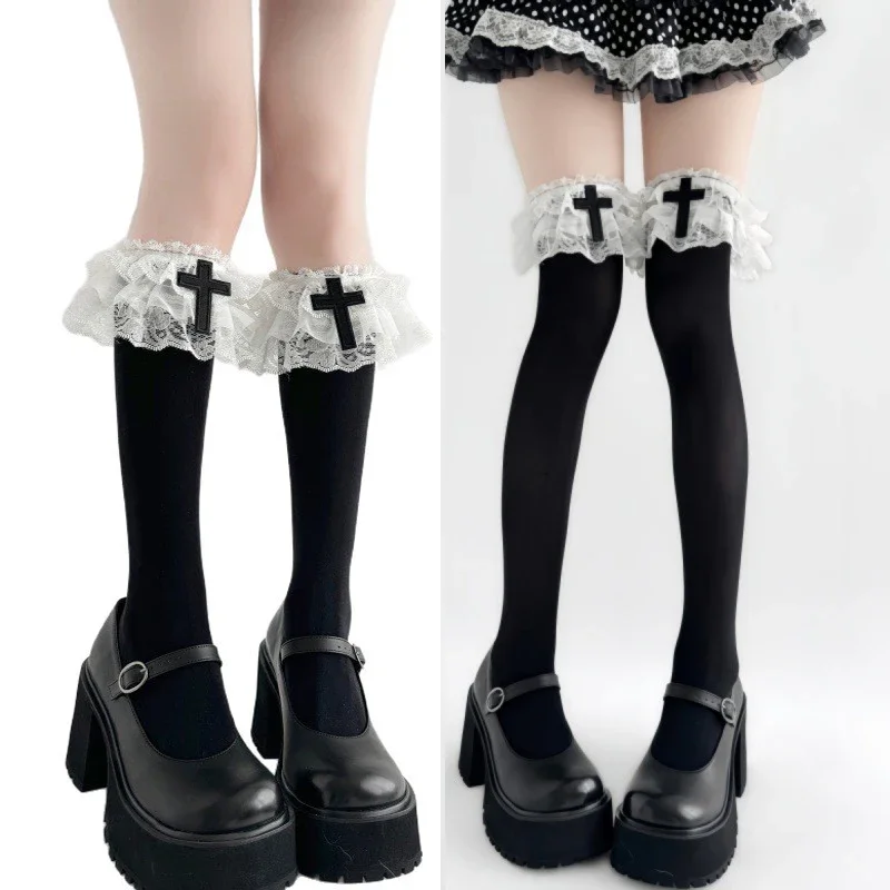 Girls Kawaii Stacked Mid Calf Socks Delicate Lace Frill Trim Black White Bow Ornament Japanese Lolita Style Leg Stockings