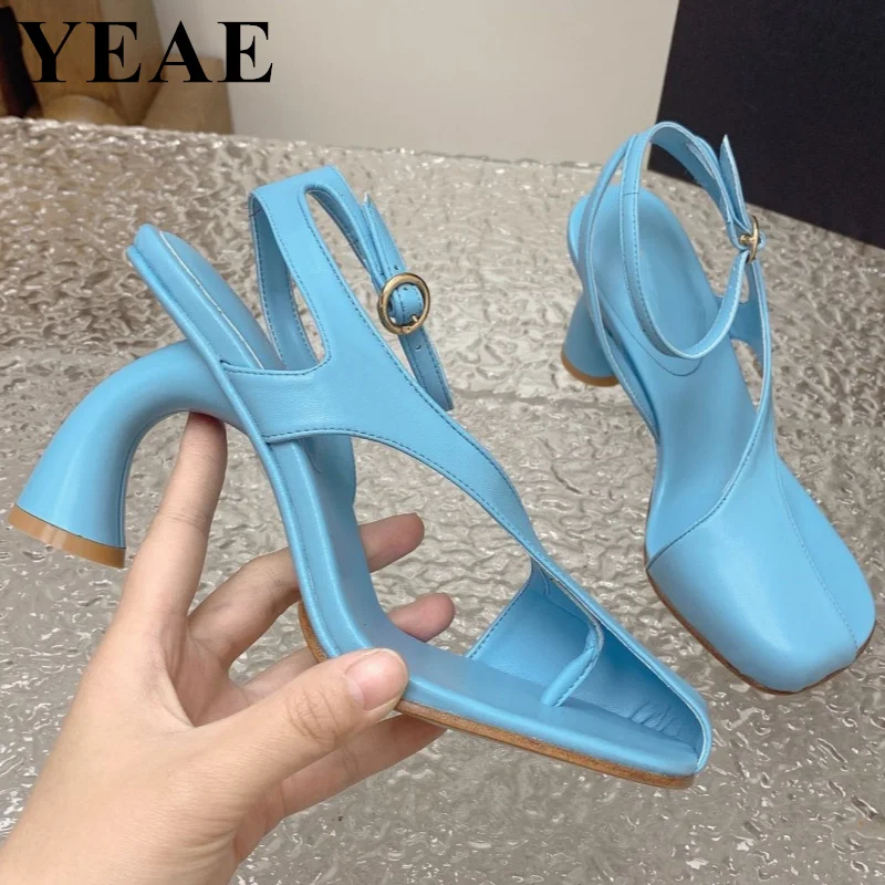 Fashion Women Strange High Heels Pumps Hollow Out Ankle Strap Sandals Lades Genuine Leather Party Dress Shoes Women Pumps 2024