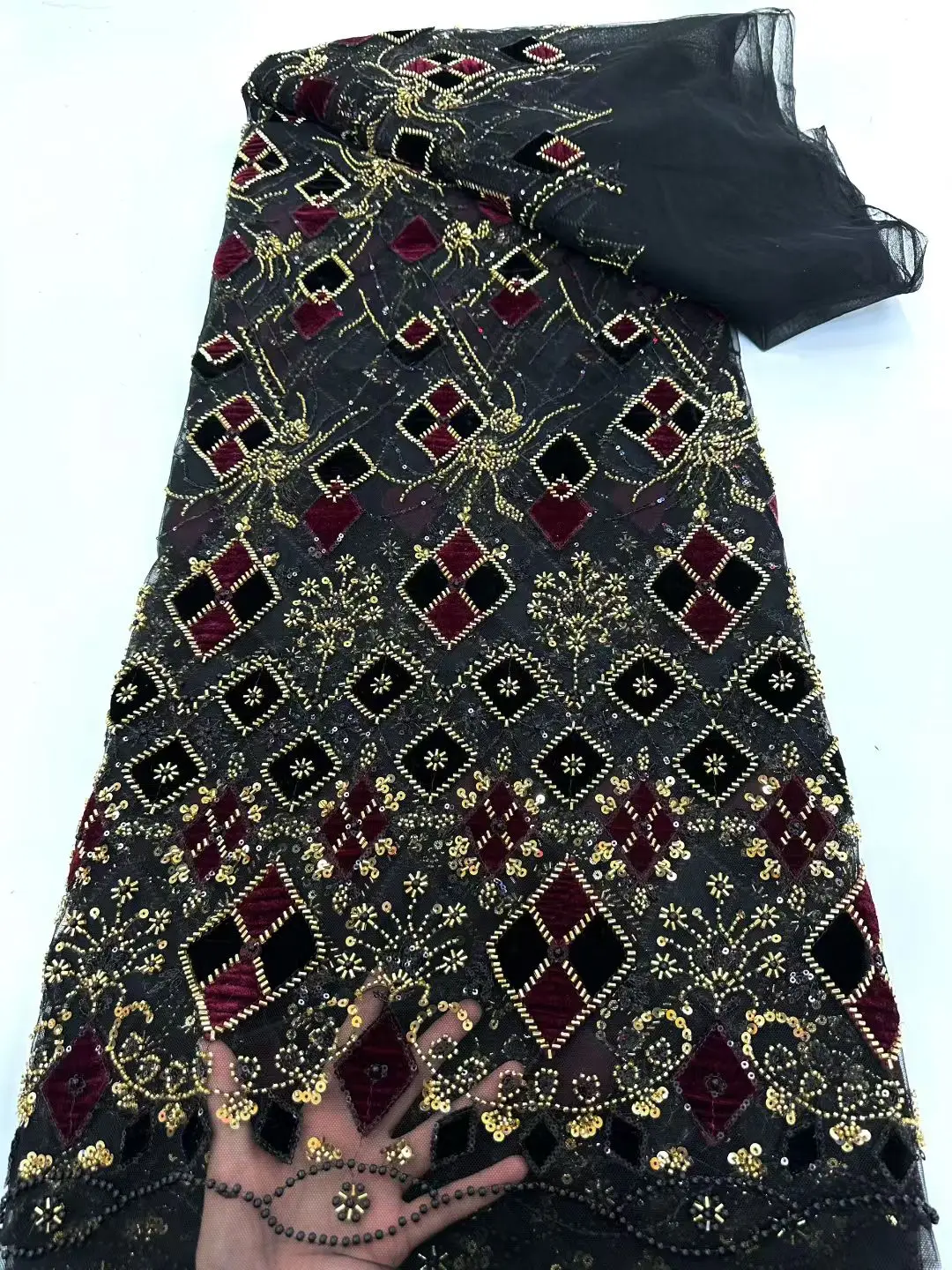 Nigerian Velvet Embroidery Lace Fabric, African, French Sequin, Beaded Tulle, Dress Sewing, New, 2025 Velvet Lace Fabric ,M18-1