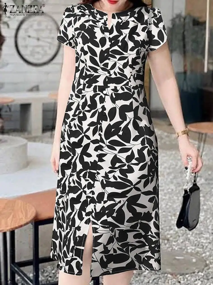 ZANZEA Women Floral Printed Midi Dress Vintage Short Sleeve Robe Fashion Summer V-neck Vestidos Casual Waisted Split Dresses