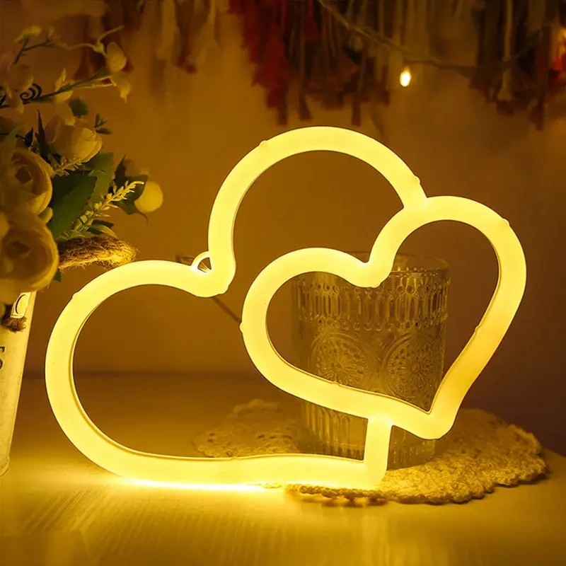 LED Neon Double Heart Shape Night Light Creative Bedroom Decoration Light, Double Sided Lighting Mini Colorful Light