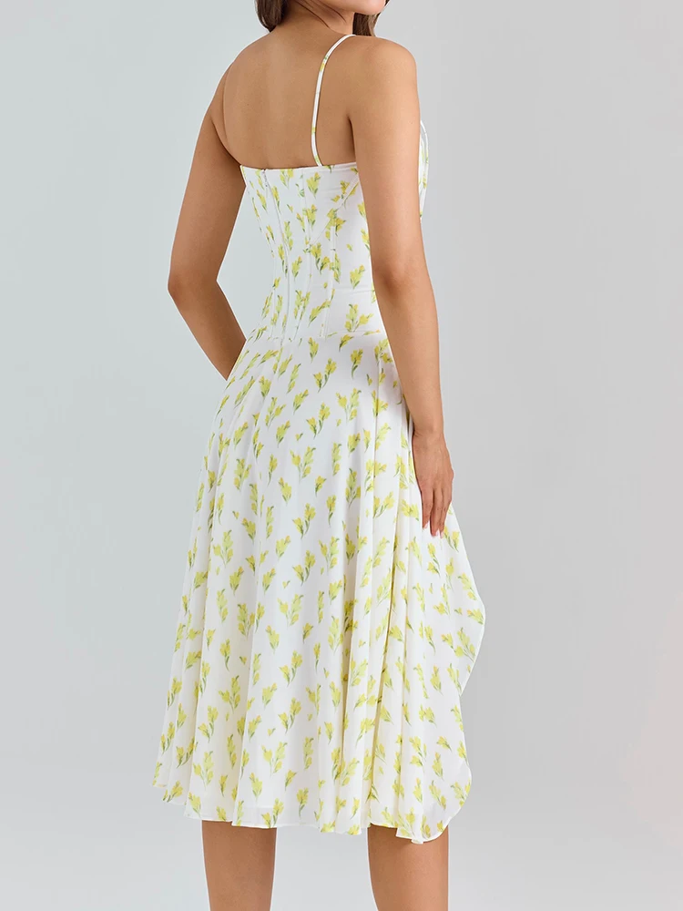 Sukienki midi na ramiączkach w stylu francuskim, żółte, z rozcięciem, w kwiatowy wzór, letnie, bez pleców, z falbankami, seksowne, codzienne, damskie, nowe.