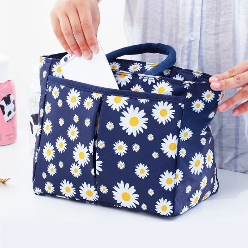 Daisy Printed Lunch Bag Thermal Insulation Large Capacity Handbag Cute Picnic Drinks Lunch Box Storage Bag Portable Lunch Pouch