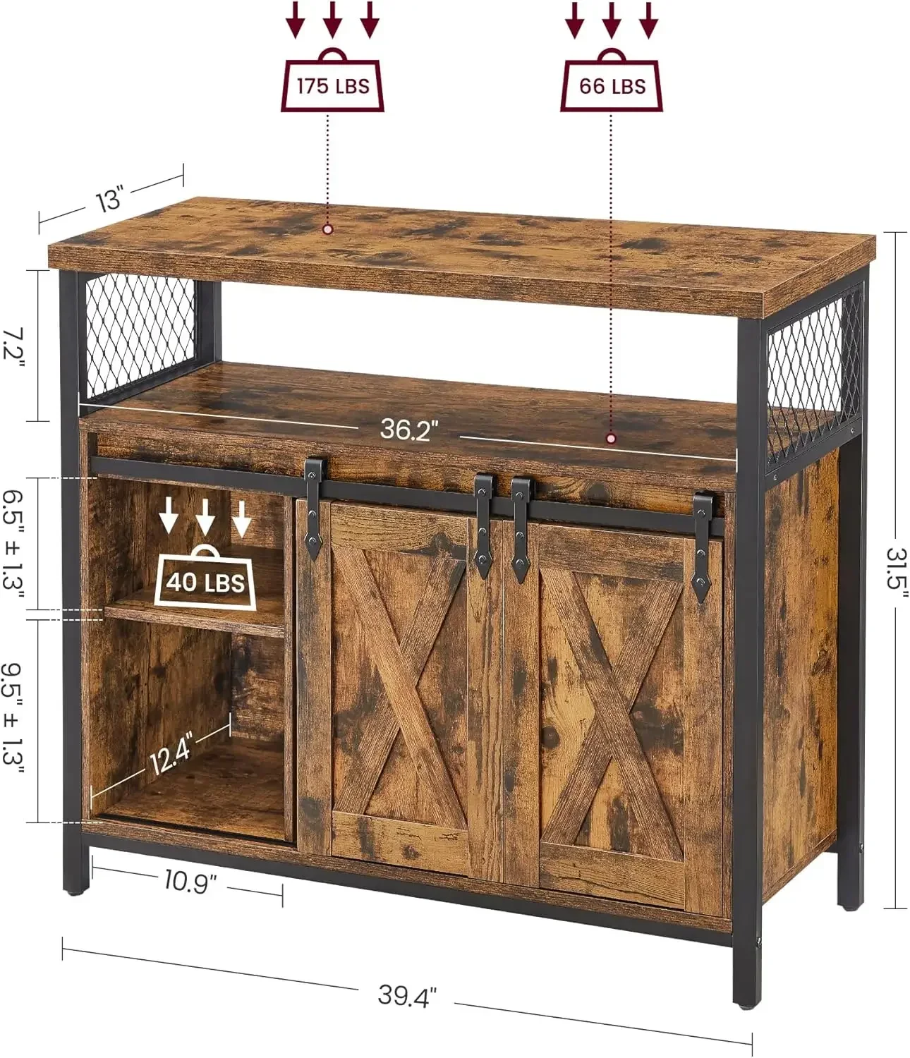 Buffetschrank, Aufbewahrungsschrank, Sideboard mit 2 Schiebetüren, verstellbare Regale, 13 x 39,4 x 31,5 Zoll