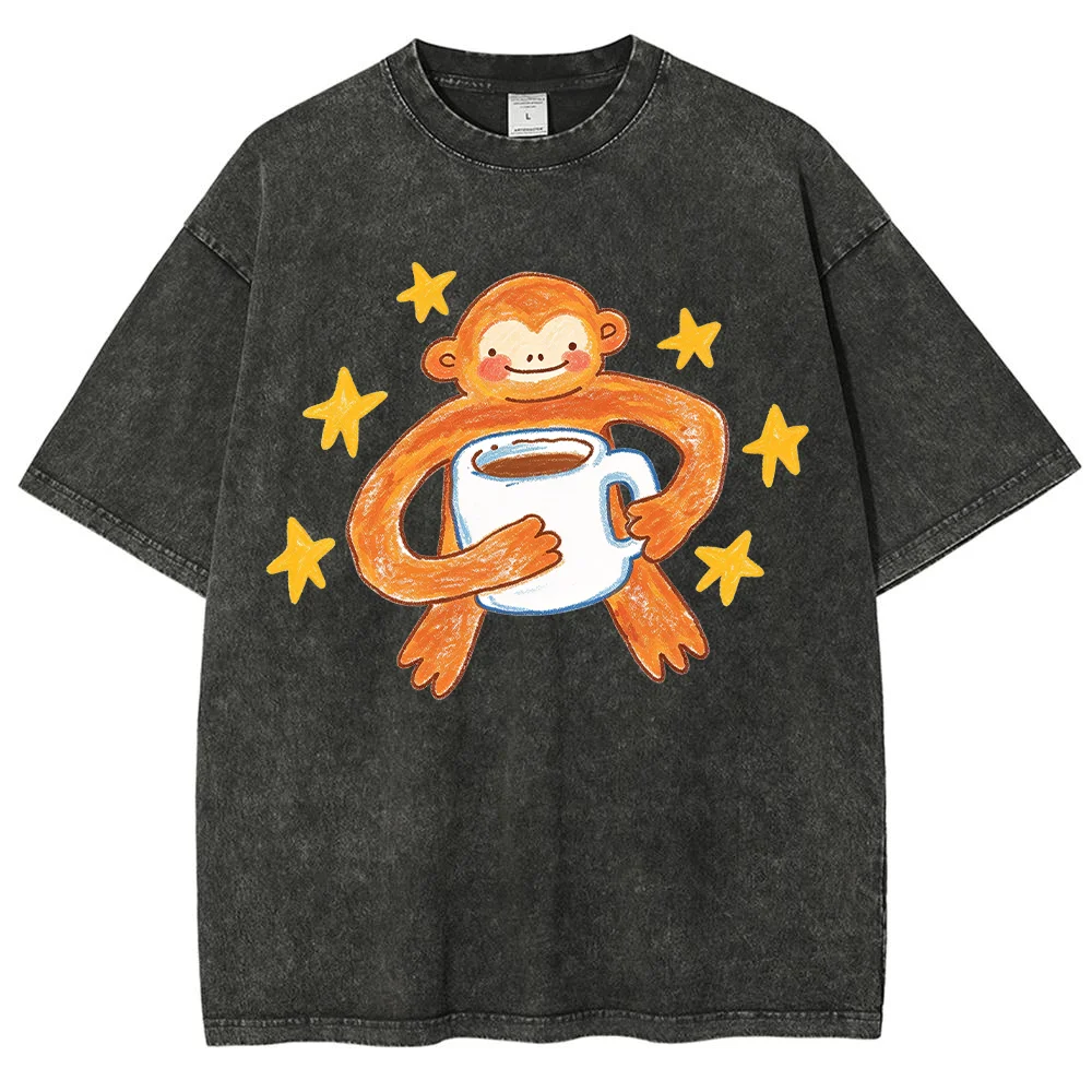 Women Cute Monkey Coffee Cup Print Short Sleeve Casual Summer Graphic T Shirt Tee