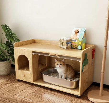 Solid Wood Cat Litter Box Enclosure Semi Enclosed Indoor Hidden Cat House