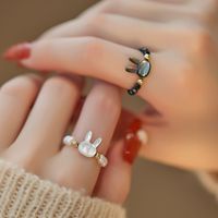 1pc Simple Design Cute Rabbit Beaded Ring for Women Natural Moonstone Obsidian Beads Ring Adjustable Women Men Jewelry Gift
