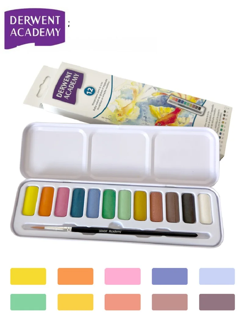 

Derwent Academy Solid Watercolor Paint Set 12 Colors Tin Box with Brushes Palette Portable Student Professional Art Supplies