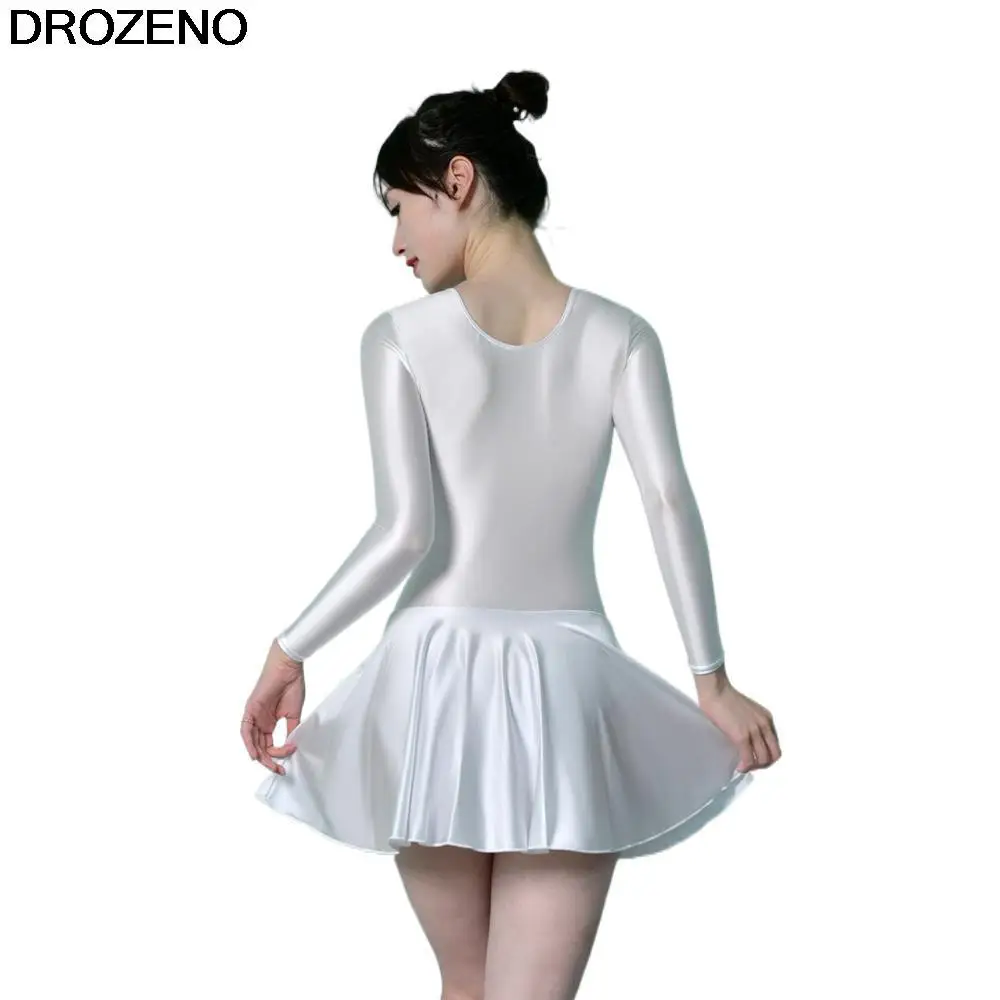 Drozeno stretto sexy lucido setoso gonna attillata di un pezzo sport Yoga balletto danza vestito manica lunga corpo gonna costume intero