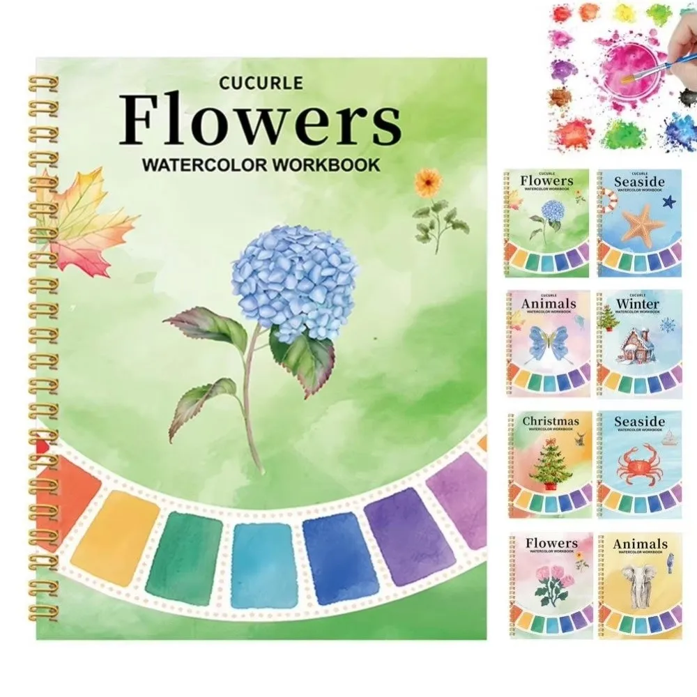Beginner-Friendly Watercolor Workbook with Paint Brush With 12Color Paint Set Water Coloring Book Animal Flower