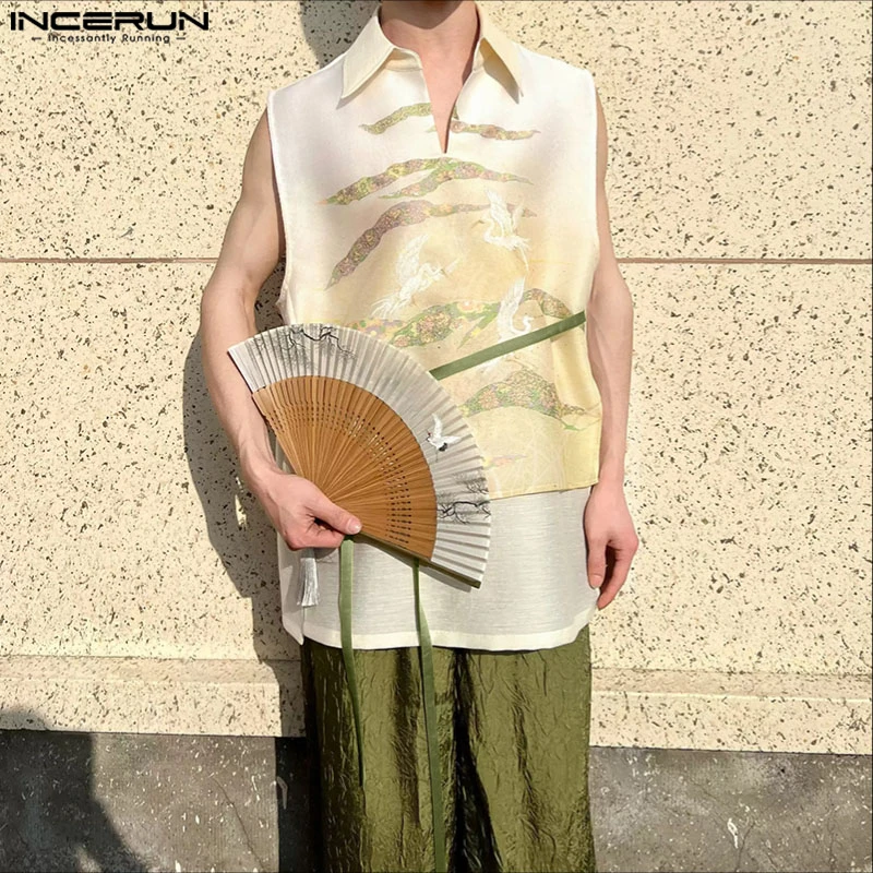 

INCERUN Men Tank Tops Printing Patchwork Lapel Sleeveless Male Vests Streetwear Summer 2025 Lace Up Loose Casual Men Clothing