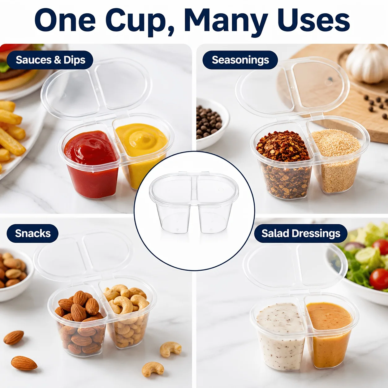 Clear Dual Compartment Sauce Container Connected Hinged Lid Reusable Dip Cup Condiment Seasoning Snack Portion Storage Box