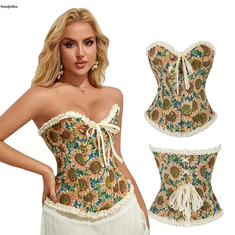 

Sunflower Print Lace Trimmer Boned Vintage Corselet Plus Size Women's Top Front Busk Lace Tight Bustier Corset