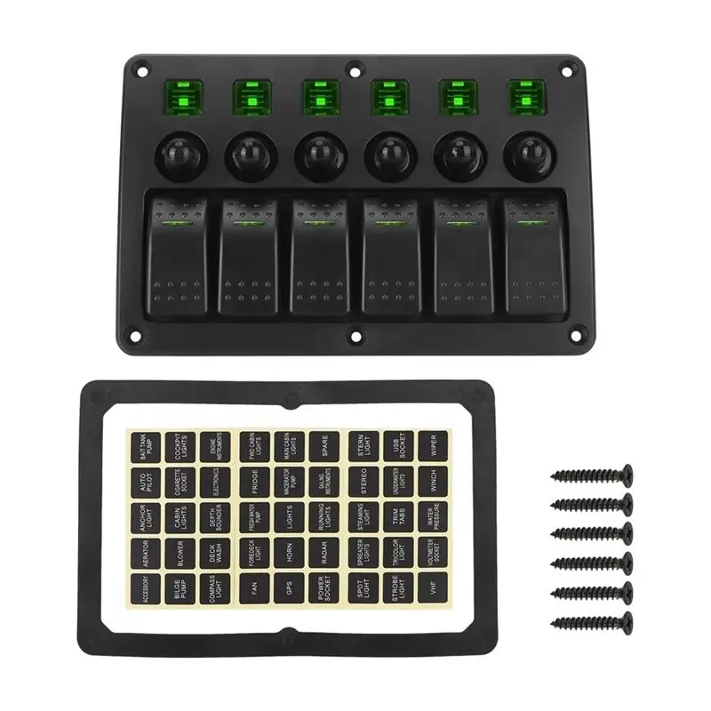DTA6 6 Gang Marine Rocker Switch Panel Waterproof LED Light Green Car Switch Panel Auto Replacement Parts for Boat Truck