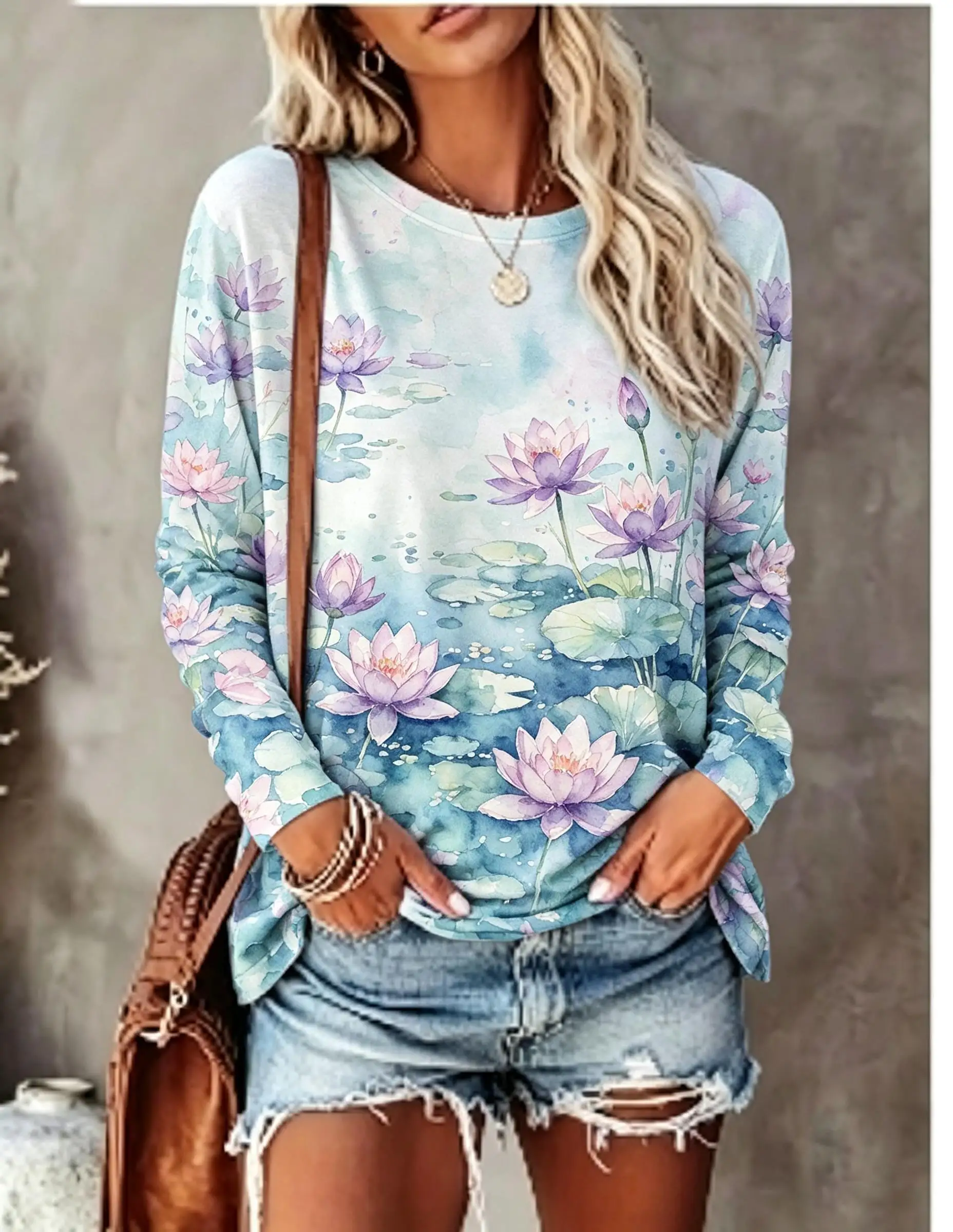 Women Long Sleeve T‑Shirt Watercolor Lotus Water Lily Leaf Floral Art Print Crew Neck Casual Tops