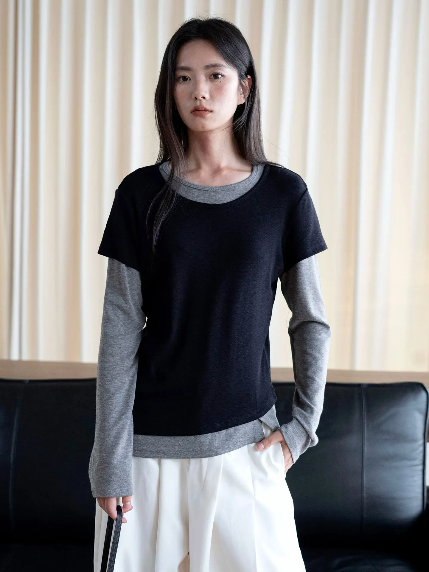 Autumn new Japanese style fashionable lazy round neck color blocked fake two-piece long sleeved T-shirt layered top for women