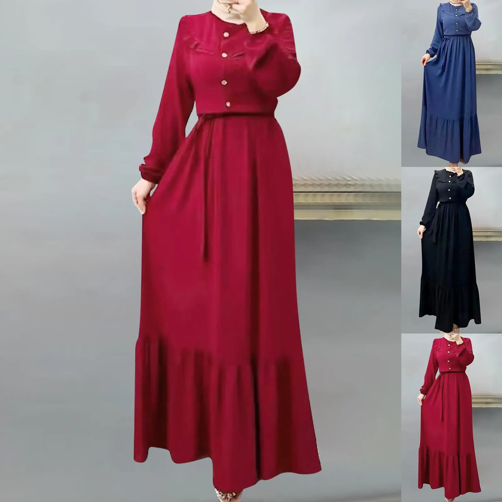 

Muslim Dress Caftan Solid High Neck Long Sleeve Abayas for Women Elegant Dubai Abaya Fashion Ruffled Kaftan Turkey Islam Clothes