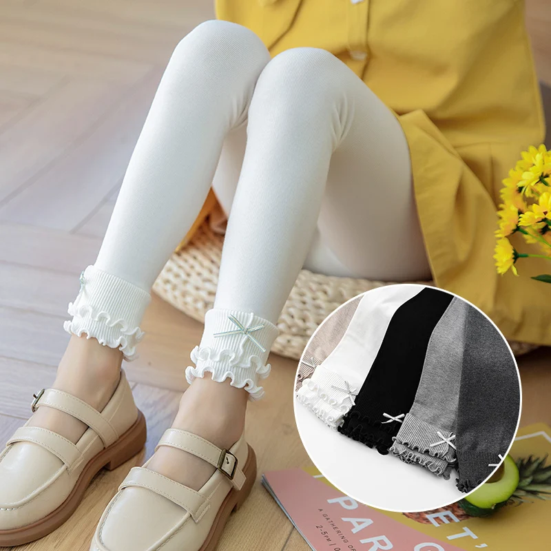 New kids girl spring autumn leggings double layer wood ears bowknot comfortable knitted trousers kawaii lace princess baby pants