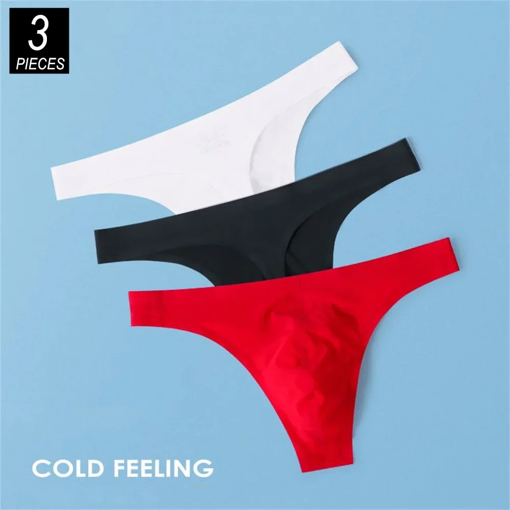 3Pcs Sexy U Convex Ultra Thin Underwear Men Ice Silk Pouch Thong Seamless Sports Fitness G-string Low Waist Plus Size