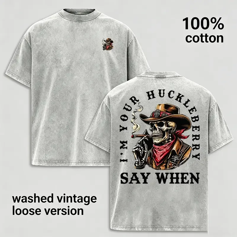 Vintage Acid Wash T Shirt Men Oversized Cotton Tee Streetwear, I'm Your Huckleberry Say When Cowboy Skull Graphic T-Shirt, Western Retro Short Sleeve Tops, Gift for Husband Boyfriend, Light Grey Loose Fit Heavyweight Clothing
