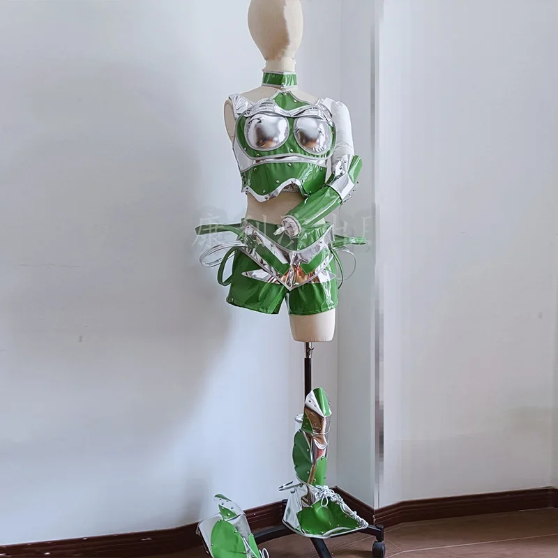 مرحلة مستقبلية الزي الفضة الأخضر الشعور بالتكنولوجيا أداء الزي المحاصيل الأعلى مجموعة تي شيرتات قصيرة للأطفال سحب الملكة جوجو Dancewear yj020