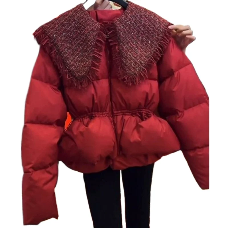 2024 New Women's Winter Advanced Feeling Super Beautiful Down Jacket Fashion Individuality Red Small Fragrant Wind Waist Jacket