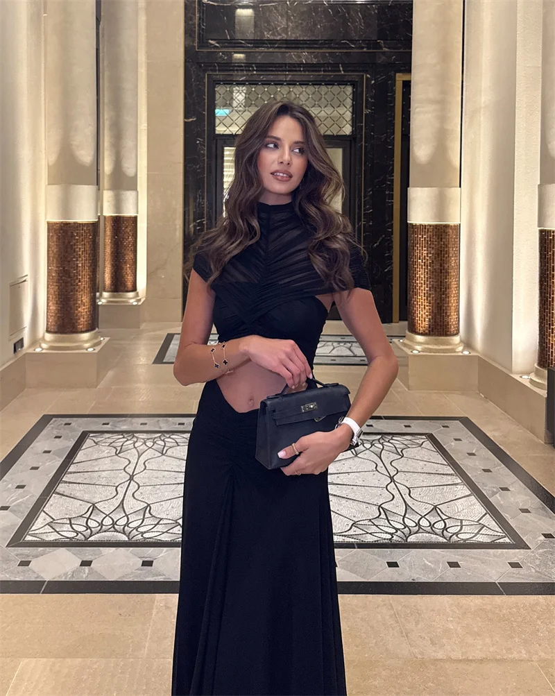 Mozision Aushöhlen Kurzarm Sexy Maxi Kleid Frauen Mode O Neck Geraffte Hohe Taille Bodycon Club Party Lange Kleid Weibliche – Detail 7